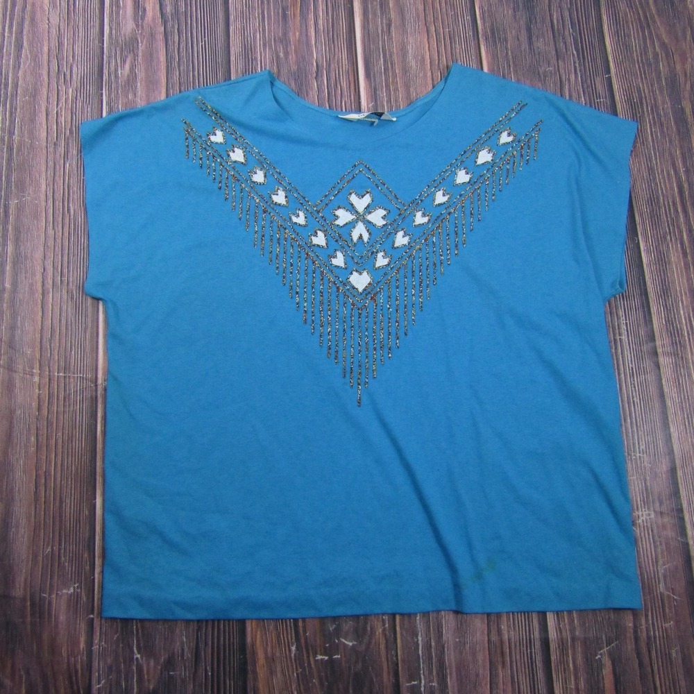 Blair‎ T-Shirt Womens L Blue Kimono Beaded Fringe Crew 90s Vintage Granny Core